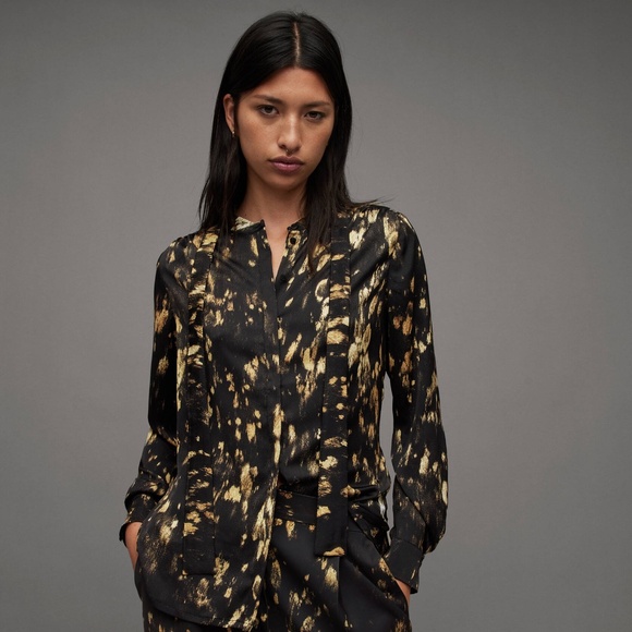 All Saints Silk Blend Gold Print Toni Ronnie Shirt - Picture 2 of 3